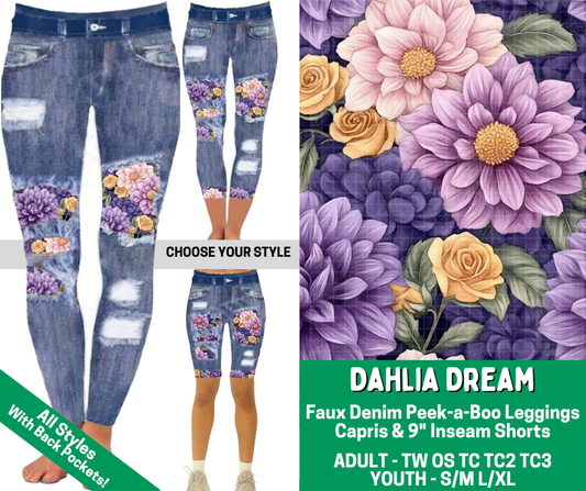 Preorder! Closes 2/18. ETA May. Dahlia Dream Combo Faux Denim Peekaboo Legging Lengths - Alonna's Legging Land