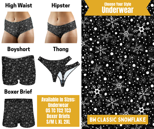 Preorder! Closes 10/28. ETA Jan. BW Classic Snowflake Hipster, High Waist, Boyshort, & Thong Underwear & Boxer Briefs