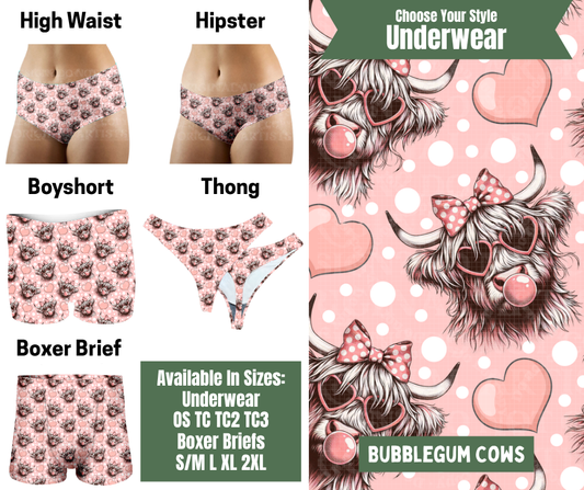Preorder! Closes 11/24. ETA Jan. Bubblegum Cows Hipster, High Waist, Boyshort, & Thong Underwear & Boxer Briefs