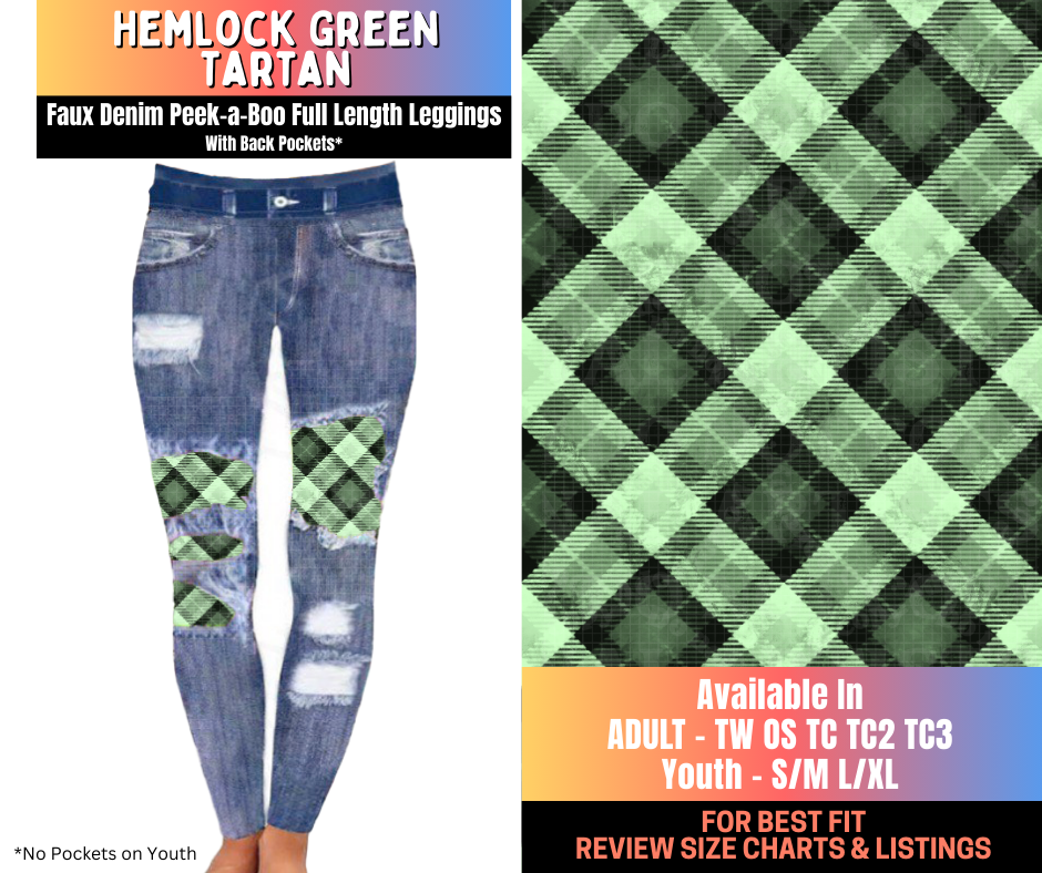 Preorder! Closes 10/16. ETA Jan. Hemlock Green Tartan Full Length Faux Denim Peekaboo