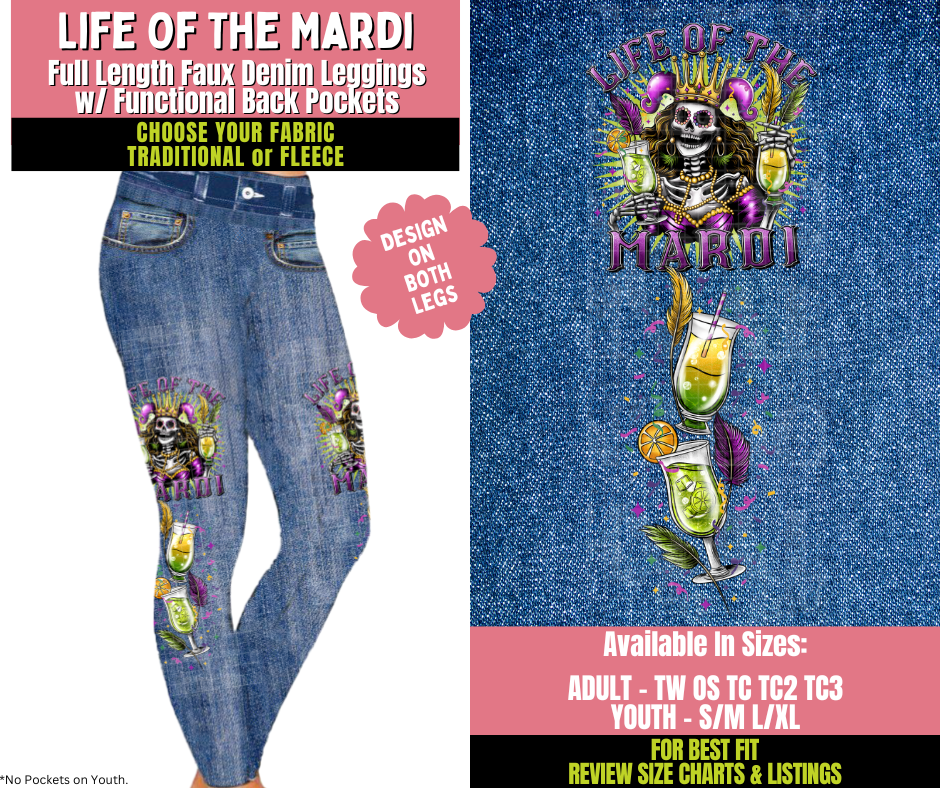 Preorder! Closes 11/20. ETA Jan. Life Of The Mardi Faux Denim Leggings w/ Side Leg Designs Choose Fleece or Traditional