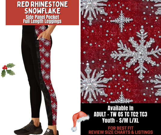 Preorder! Closes 9/24. ETA Dec. Red Rhinestone Snowflake Side Panel Pocket Full Length Leggings