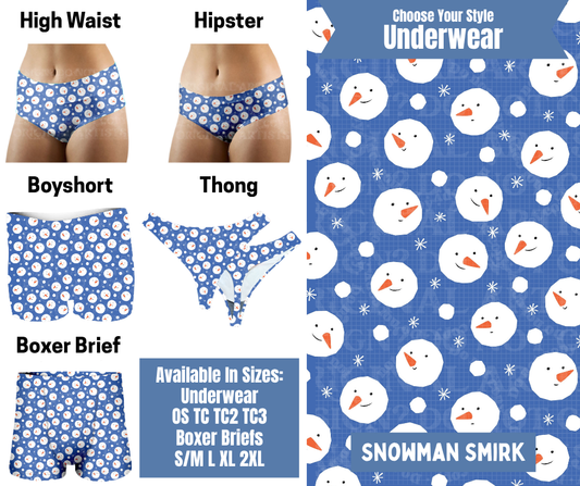 Preorder! Closes 8/26. ETA Nov. Snowman Smirk Hipster, High Waist, Boyshort, & Thong Underwear & Boxer Briefs