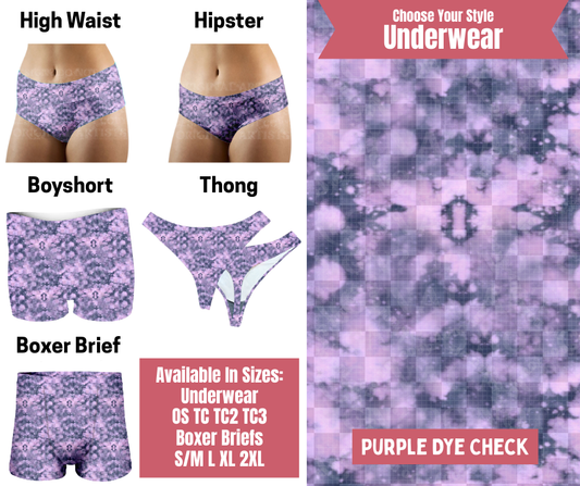 Preorder! Closes 9/29. ETA Dec. Purple Dye Check Hipster, High Waist, Boyshort, & Thong Underwear & Boxer Briefs