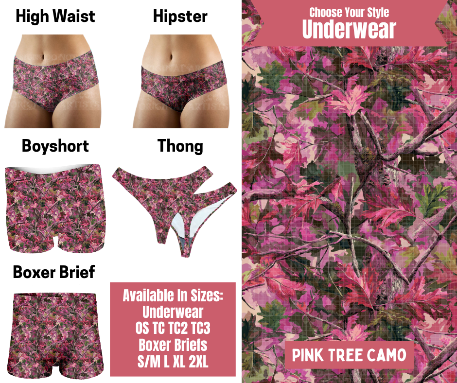 Preorder! Closes 9/29. ETA Dec. Pink Tree Camo Hipster, High Waist, Boyshort, & Thong Underwear & Boxer Briefs