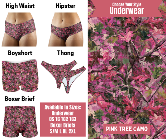 Preorder! Closes 9/29. ETA Dec. Pink Tree Camo Hipster, High Waist, Boyshort, & Thong Underwear & Boxer Briefs