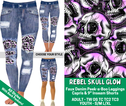 Preorder! Closes 2/18. ETA May. Rebel Skull Glow Combo Faux Denim Peekaboo Legging Lengths - Alonna's Legging Land
