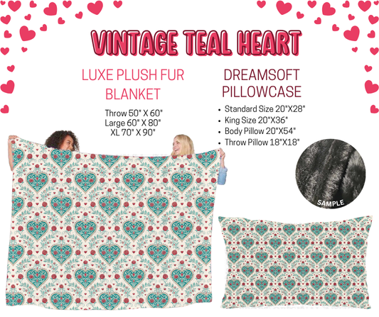 Preorder! Closes 11/17. ETA Jan. Vintage Teal Heart Luxe Plush Fur Blanket and/or DreamSoft Pillowcase