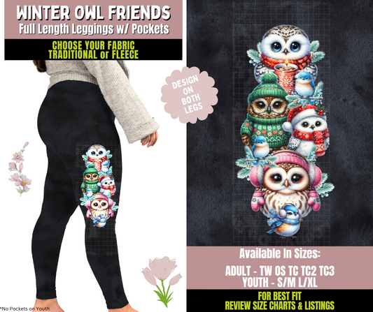 Preorder! Closes 10/8. ETA Dec. Winter Owl Friends Watercolor Leggings w/ Side Leg Designs Choose Fleece or Traditional