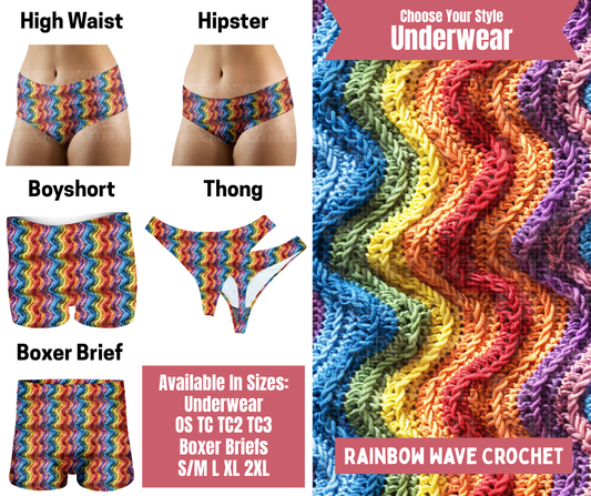 Preorder! Closes 9/29. ETA Dec. Rainbow Wave Crochet Hipster, High Waist, Boyshort, & Thong Underwear & Boxer Briefs