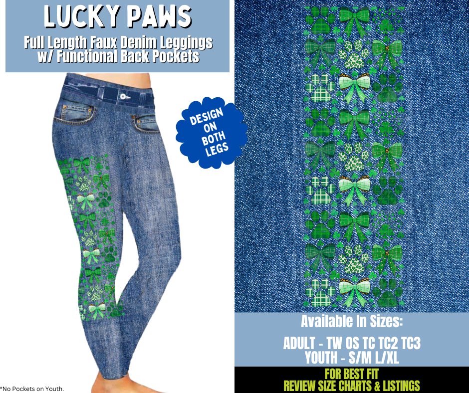 Preorder! Closes 12/15. ETA March. Lucky Paws Full Length Faux Denim w/ Side Leg Designs