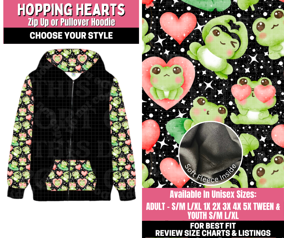Preorder! Closes 11/19. ETA Jan. Hopping Hearts Zip-Up or Pullover Hoodie