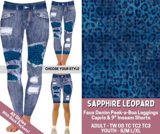 Preorder! Closes 6/4. ETA Sept. Sapphire Leopard Combo Faux Denim Peekaboo Legging Lengths