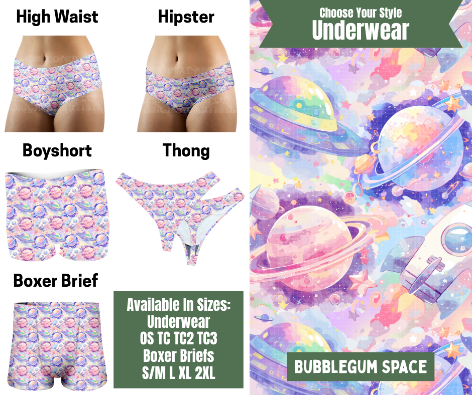 Preorder! Closes 11/24. ETA Jan. Bubblegum Space Hipster, High Waist, Boyshort, & Thong Underwear & Boxer Briefs