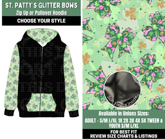Preorder! Closes 12/4. ETA Feb. St. Patty's Glitter Bows Zip-Up or Pullover Hoodie