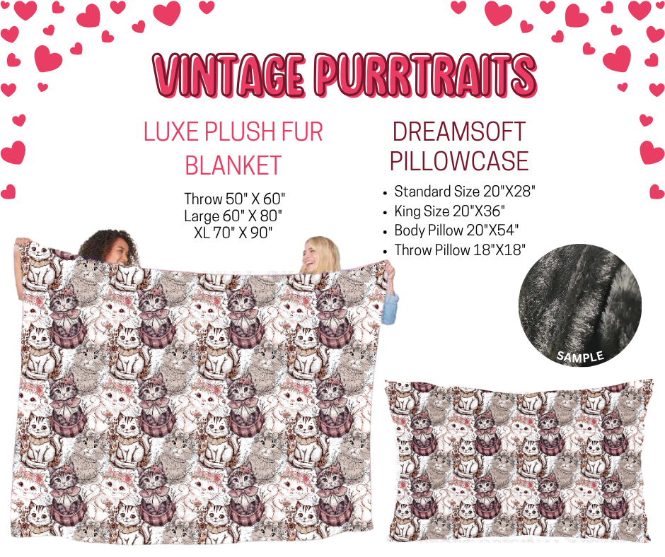 Preorder! Closes 11/17. ETA Jan. Vintage Purrtraits Luxe Plush Fur Blanket and/or DreamSoft Pillowcase