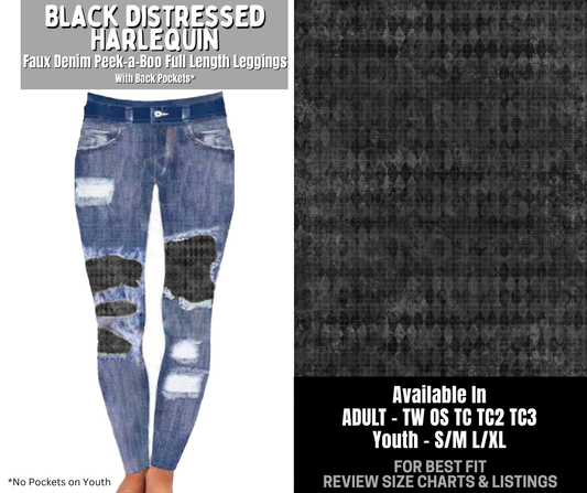 Preorder! Closes 12/3. ETA Feb. Black Distressed Harlequin Full Length Faux Denim Peekaboo