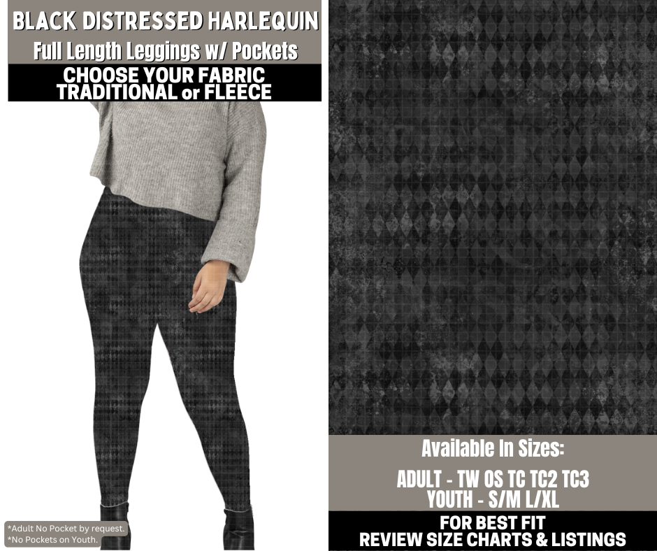 Preorder! Closes 12/1. ETA Feb. Black Distressed Harlequin Leggings Choose Fleece or Traditional
