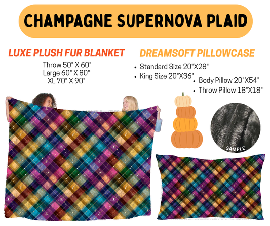 Preorder! Closes 7/8. ETA Oct. Champagne Supernova Plaid Luxe Plush Fur Blanket and/or DreamSoft Pillowcase