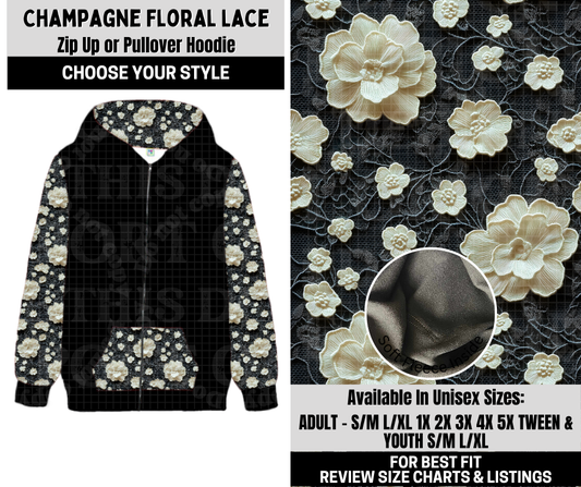 Preorder! Closes 10/6. ETA Dec. Champagne Floral Lace Zip-Up or Pullover Hoodie