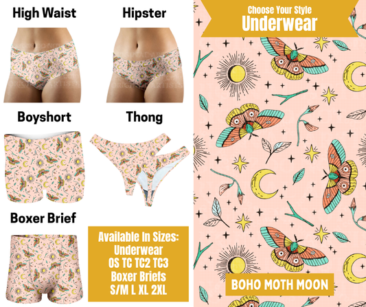 Preorder! Closes 10/28. ETA Jan. Boho Moth Moon Hipster, High Waist, Boyshort, & Thong Underwear & Boxer Briefs
