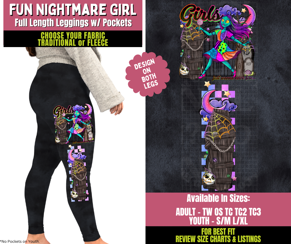 Preorder! Closes 11/5. ETA Jan. Fun Nightmare Girl Watercolor Leggings w/ Side Leg Designs Choose Fleece or Traditional