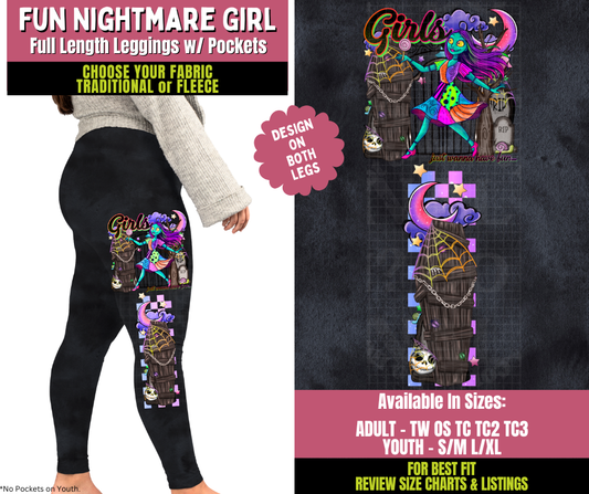 Preorder! Closes 11/5. ETA Jan. Fun Nightmare Girl Watercolor Leggings w/ Side Leg Designs Choose Fleece or Traditional