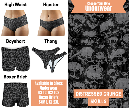 Preorder! Closes 11/5. ETA Feb. Distressed Grunge Skulls Hipster, High Waist, Boyshort, & Thong Underwear & Boxer Briefs