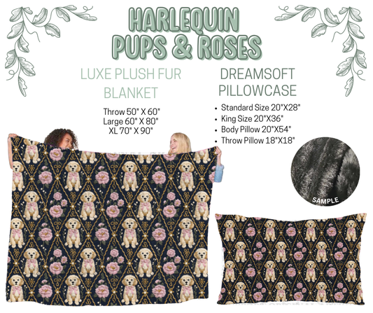 Preorder! Closes 10/9. ETA Dec. Harlequin Pups & Roses Luxe Plush Fur Blanket and/or DreamSoft Pillowcase