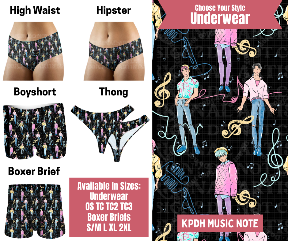 Preorder! Closes 9/29. ETA Dec. KPDH Music Note Hipster, High Waist, Boyshort, & Thong Underwear & Boxer Briefs