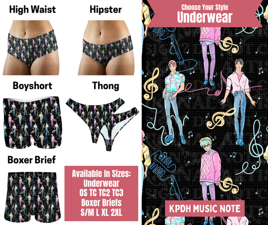 Preorder! Closes 9/29. ETA Dec. KPDH Music Note Hipster, High Waist, Boyshort, & Thong Underwear & Boxer Briefs