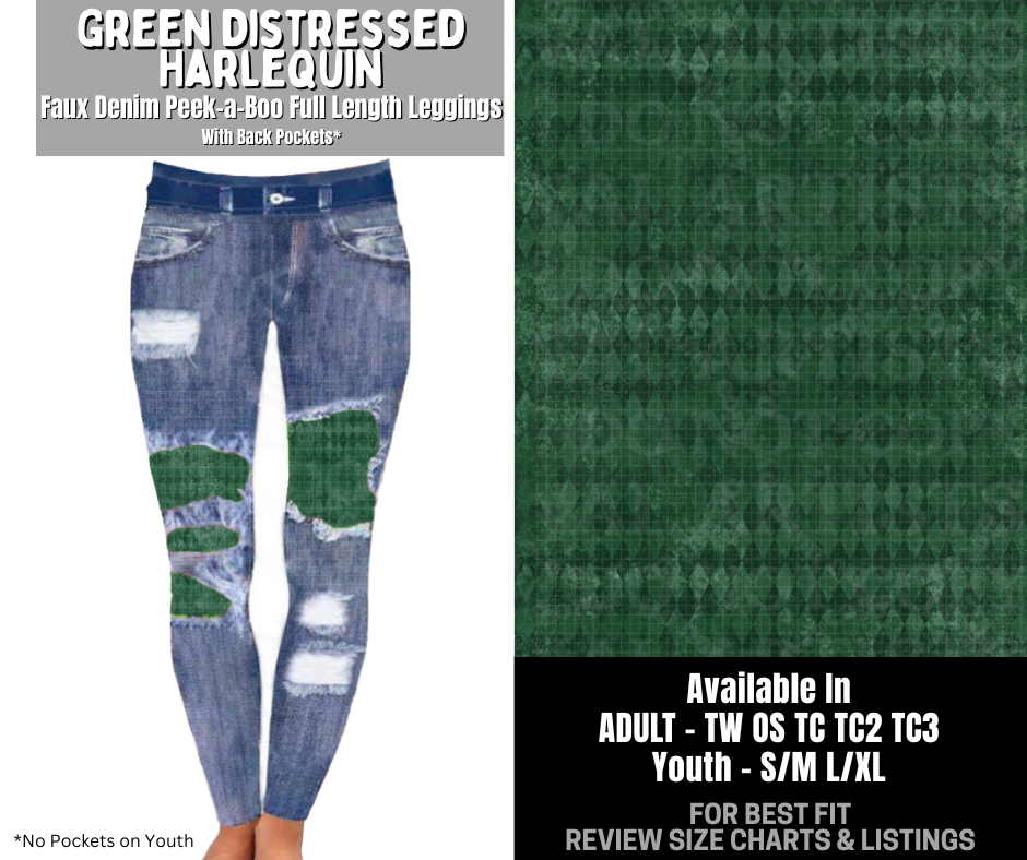 Preorder! Closes 12/3. ETA Feb. Green Distressed Harlequin Full Length Faux Denim Peekaboo
