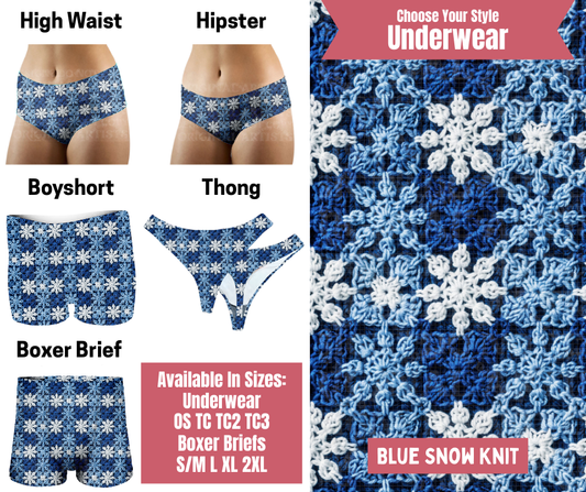 Preorder! Closes 9/29. ETA Dec. Blue Snow Knit Hipster, High Waist, Boyshort, & Thong Underwear & Boxer Briefs
