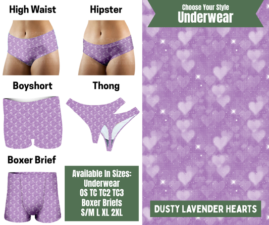 Preorder! Closes 11/24. ETA Jan. Dusty Lavender Hearts Hipster, High Waist, Boyshort, & Thong Underwear & Boxer Briefs