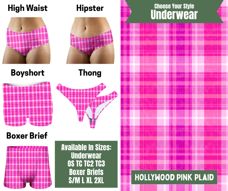 Preorder! Closes 11/24. ETA Jan. Hollywood Pink Plaid Hipster, High Waist, Boyshort, & Thong Underwear & Boxer Briefs