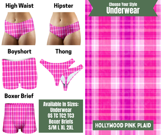 Preorder! Closes 11/24. ETA Jan. Hollywood Pink Plaid Hipster, High Waist, Boyshort, & Thong Underwear & Boxer Briefs