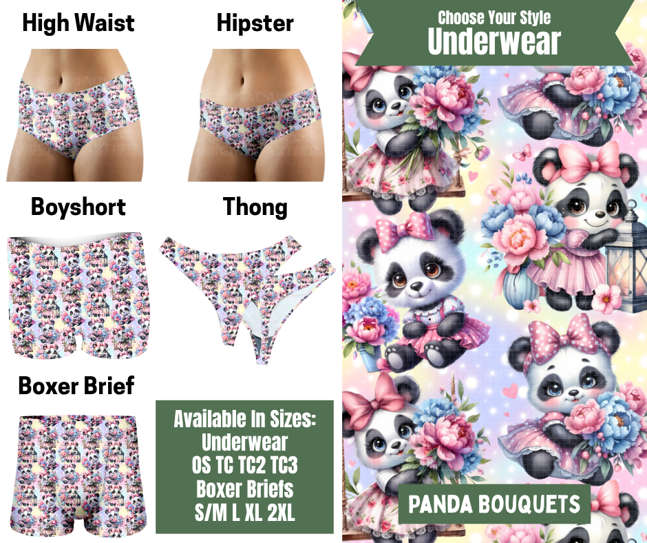 Preorder! Closes 11/24. ETA Jan. Panda Bouquets Hipster, High Waist, Boyshort, & Thong Underwear & Boxer Briefs