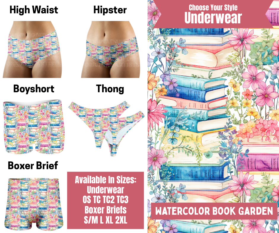 Preorder! Closes 9/29. ETA Dec. Watercolor Book Garden Hipster, High Waist, Boyshort, & Thong Underwear & Boxer Briefs