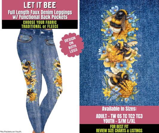 Preorder! Closes 11/5. ETA Jan. Let It Bee Faux Denim Leggings w/ Side Leg Designs Choose Fleece or Traditional