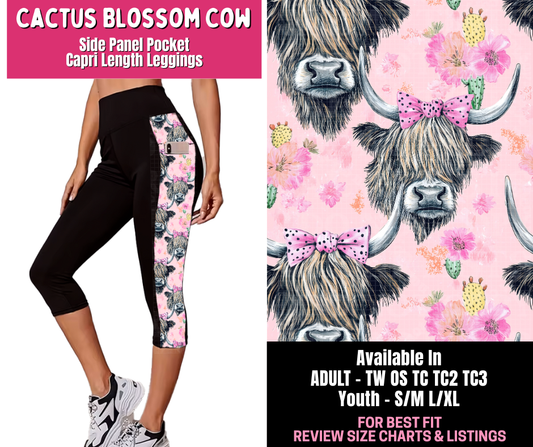 Preorder! Closes 1/1. ETA March. Cactus Blossom Cow Panel Pocket Capri Length Leggings