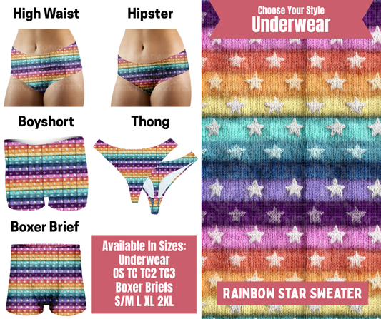 Preorder! Closes 9/29. ETA Dec. Rainbow Star Sweater Hipster, High Waist, Boyshort, & Thong Underwear & Boxer Briefs