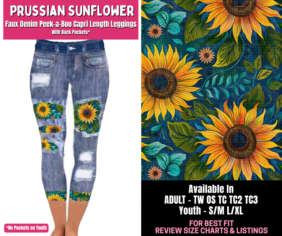 Preorder! Closes 1/1. ETA March. Prussian Sunflower Capri Faux Denim Peekaboo
