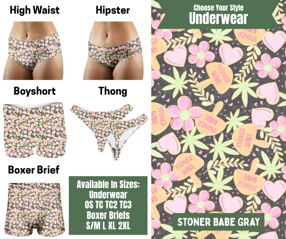 Preorder! Closes 11/24. ETA Jan. Stoner Babe Gray Hipster, High Waist, Boyshort, & Thong Underwear & Boxer Briefs