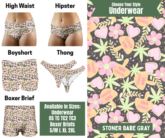 Preorder! Closes 11/24. ETA Jan. Stoner Babe Gray Hipster, High Waist, Boyshort, & Thong Underwear & Boxer Briefs