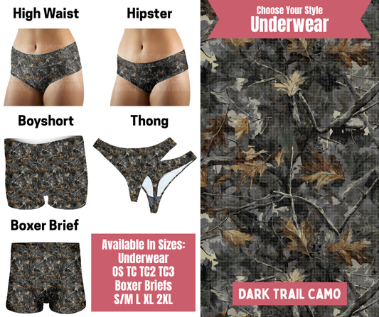Preorder! Closes 9/29. ETA Dec. Dark Trail Camo Hipster, High Waist, Boyshort, & Thong Underwear & Boxer Briefs