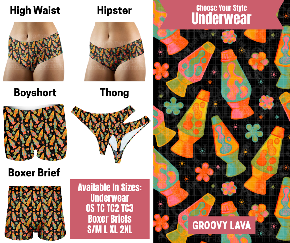 Preorder! Closes 9/29. ETA Dec. Groovy Lava Hipster, High Waist, Boyshort, & Thong Underwear & Boxer Briefs