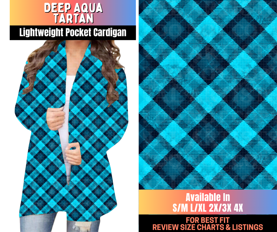 Preorder! Closes 10/16. ETA Jan. Deep Aqua Tartan Pocket Cardigan