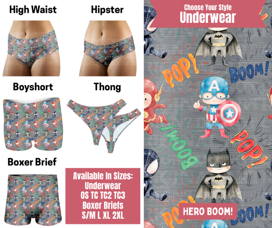 Preorder! Closes 9/29. ETA Dec. Hero Boom Hipster, High Waist, Boyshort, & Thong Underwear & Boxer Briefs
