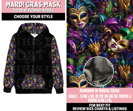 Preorder! Closes 11/12. ETA Jan. Mardi Gras Mask Zip-Up or Pullover Hoodie