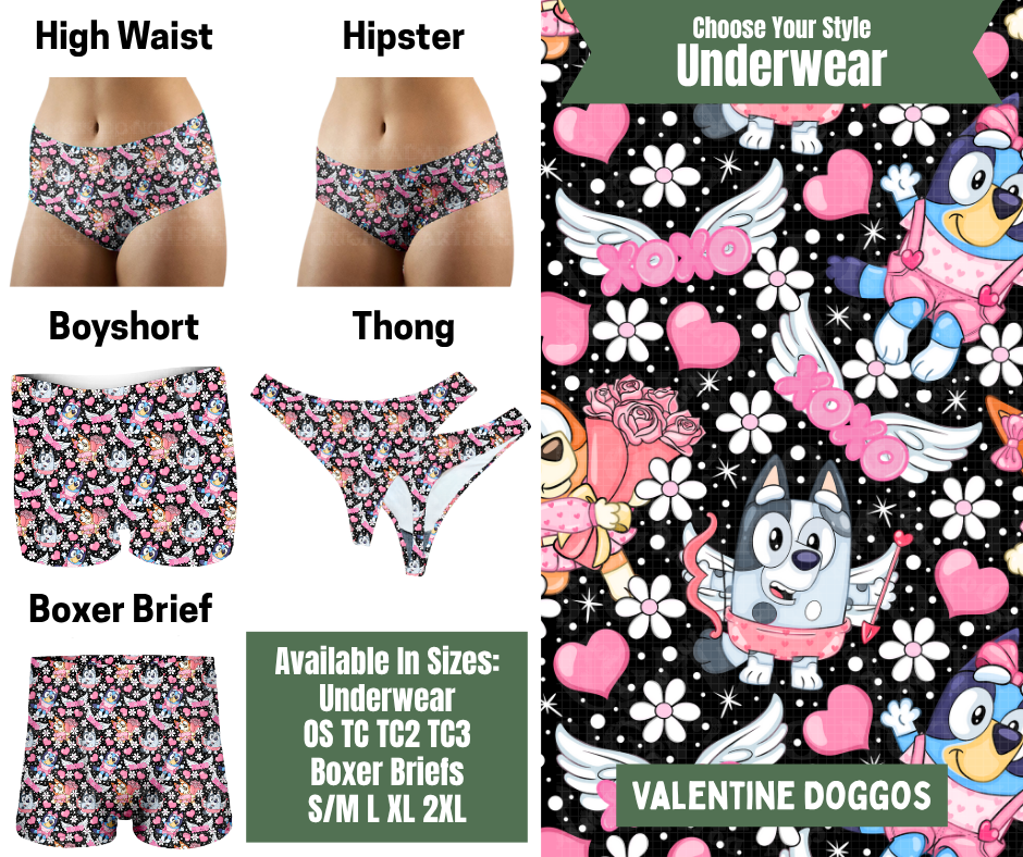Preorder! Closes 11/24. ETA Jan. Valentine Doggos Hipster, High Waist, Boyshort, & Thong Underwear & Boxer Briefs
